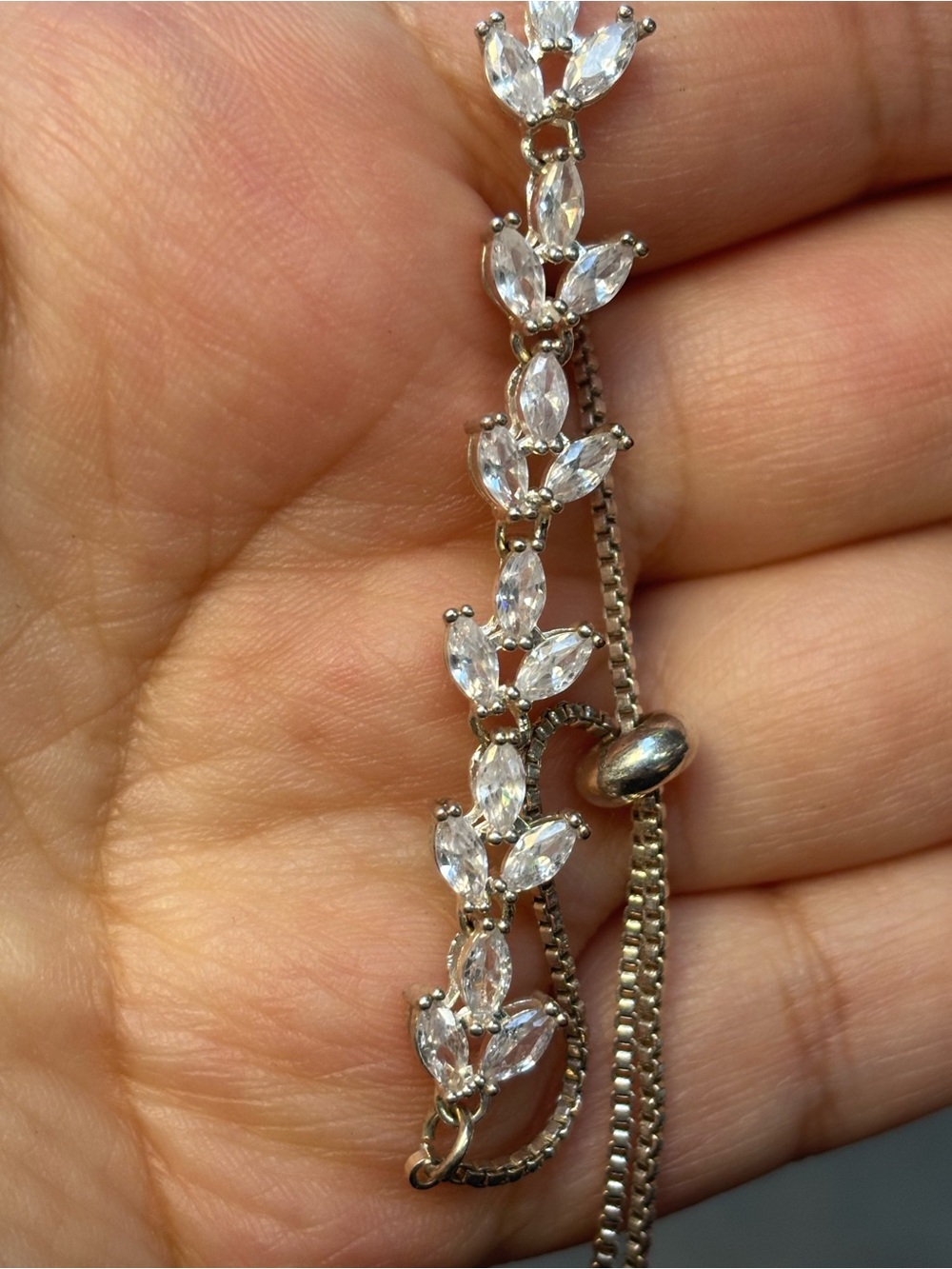 925 Sterling Silver Marquise CZ Leaf Adjustable Bolo Bracelet Sparkling Vine